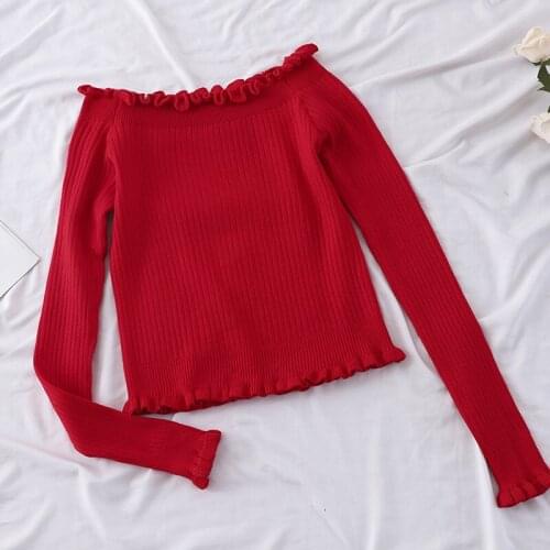 HELIAR off Shoulder Sweater Casual Long Sleeve Ruffles Hem Women Sweater Elastic Pullover Sweater Women 2020 Autumn