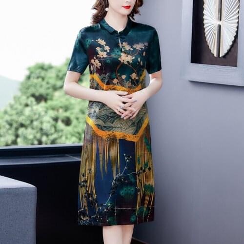 Vintage satin silk dress women summer Chinese style loose flower print cheongsam dress ladies elegant casual midi dress