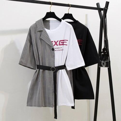 Summer black white Dress Women Streetwear Short Sleeve Patchwork Plaid T Shirt Dresses with belt Plus Size sexy Dress vestidos