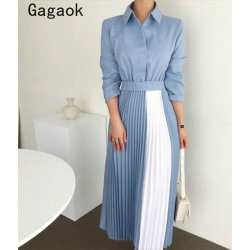 Gagaok Office Lady Women Dress Pleated 2020 Spring Autumn New Patchwork Sashes Lapel Mid-Calf Dresses Chic Wild Vestidos K3824