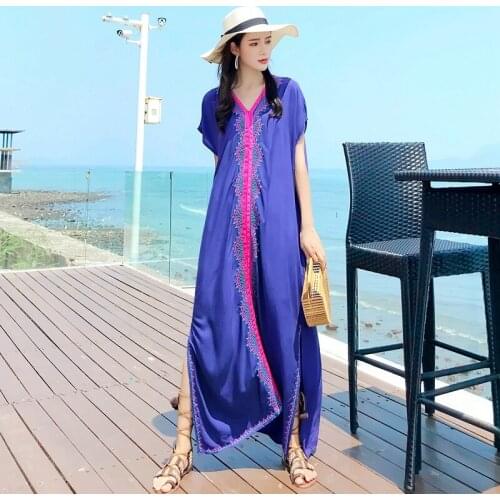 2020 New Loose Large Size Womens Boho Ethnic Style Vacation Beach Dress vintage Short Sleeve Embroidered Robe Dresses B44