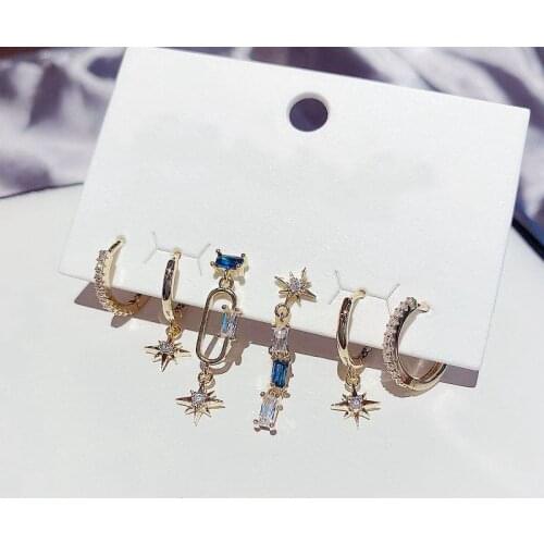 925 Sterling Silver Star Hoop Earrings Set For Women Luxury Blue Zircon Romantic Jewelry