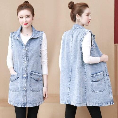 2020 Spring and Summer New Large Size Womens Loose Sleeveless Vest Mid-length Denim Jacket Coat Female Cowboy Waistcoat K198