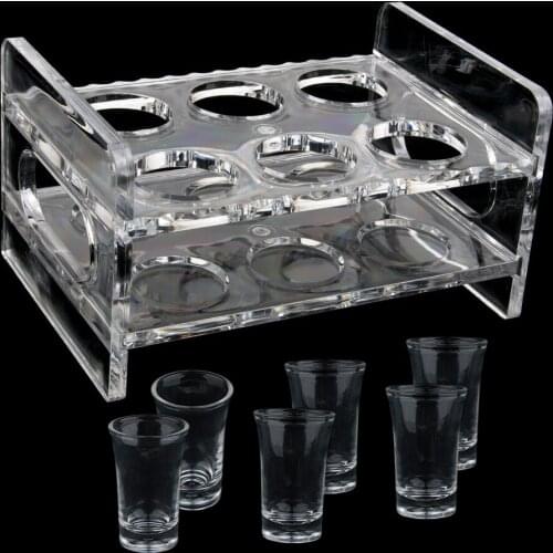 6PCS 45ml Shot Glass & 6-Hole Clear Acrylic Holder Rack Serving Tray Set