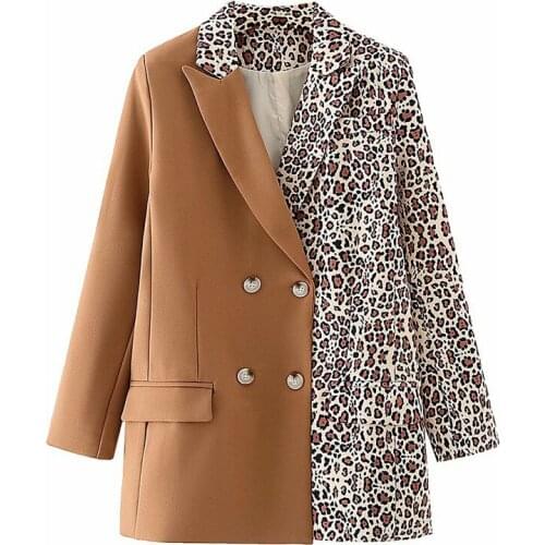 SeeBeautiful Leopard Printed Stitching Loose Blazer Coat Notched Long Sleeve Double Breasted New Spring 2021 Women M280