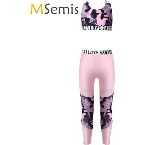 2Pcs Kids Girls Sportswear Elastic Sport Suit Criss Cross at Rear Sport Bra Top Wide Waistband Mesh Patchwork Pant Leggings Set