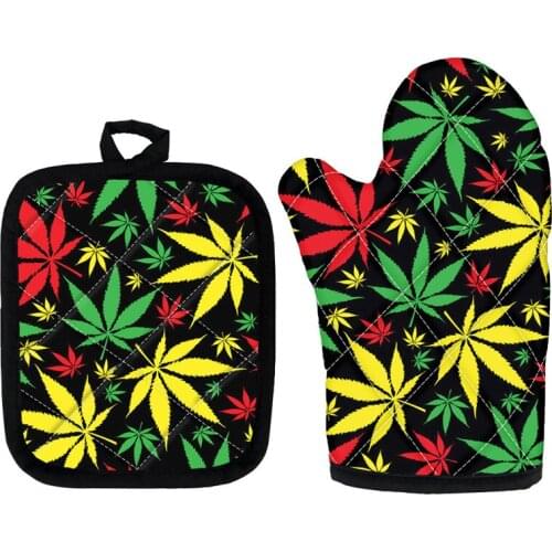 Home Casual Baking Gloves Kitchen Accessories Heat Resistant Jamaica Leaf Printed Oven Mitts and Pot Holder Mats 2pcs/Sets