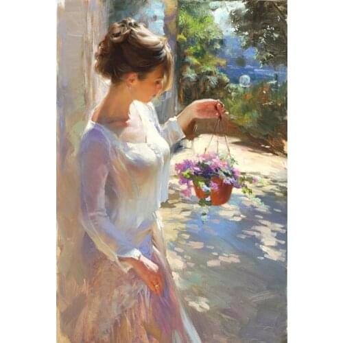 Hand painted elegant lady beautiful women flower basket oil paintings on canvas for bedroom