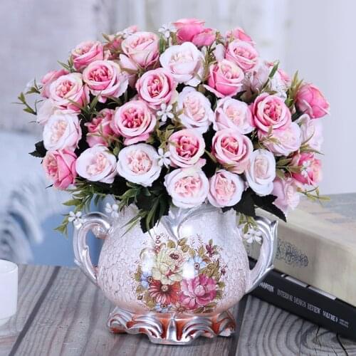European Resin Vase+Artificial Flower Set Figurine Home Crafts Decoration Ornament Indoor Silk Fake Dried Flower Accessories