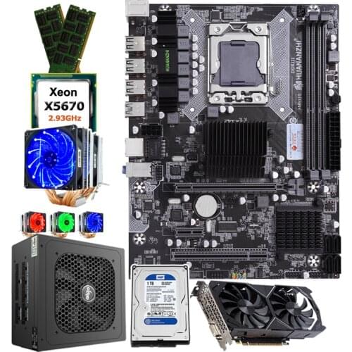 HUANANZHI quality PC parts X58 Motherboard with CPU Intel Xeon X5670 2.93GHz RAM 32G(2*16G) 1TB HDD PSU 500W GPU GTX1050Ti 4G