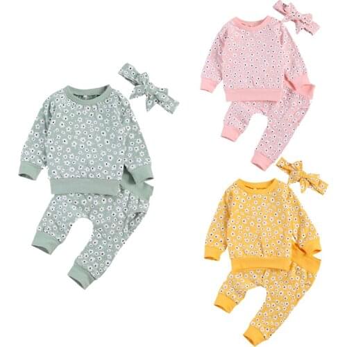 Baby Girls Flower Printed Suit Cotton Clothing 0-24M Autumn Spring Long Sleeve Pullover Sweatshirt Top Long Pants Hairband 3Pcs