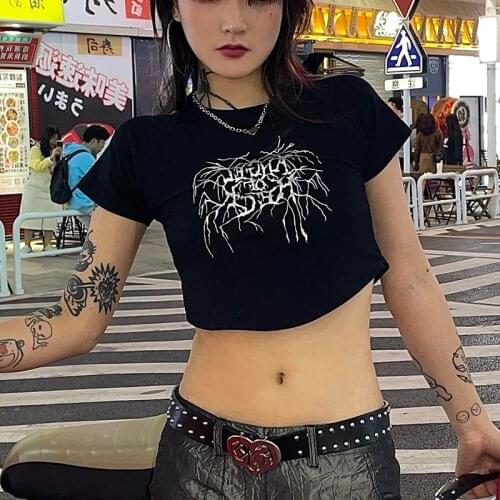 Punk style sexy crop top streetwear summer womens y2k Harajuku dark graphic print O-neck casual vintage short-sleeved T-shirt