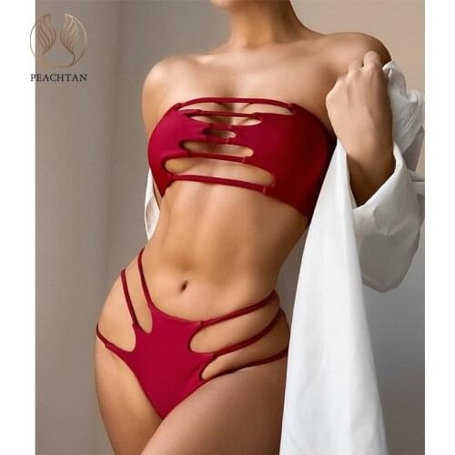 Peachtan Hollow out swimsuit women Solid bikini 2021 Bandeau swimwear female Sexy swimming suit Sport bathing suit summer String
