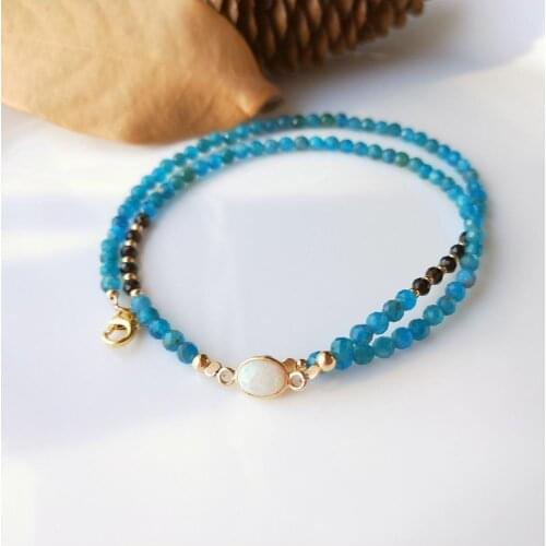 Lii Ji Genuine Stone Choker Necklace Blue Apatite Spinel 9K Yellow Gold Australian White Opal Charm US 14K GF Delicate Necklace