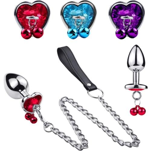 Metal Bell Anal Plug Heart Shape Crystral Butt Plug With Traction Chain Tame Games Anus Expander Toys Private Good For Couples