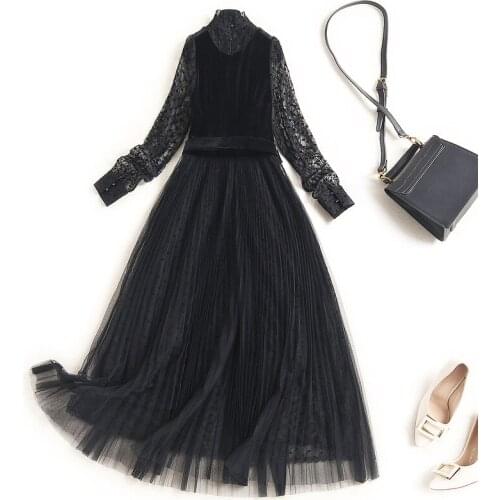Runway Fashion Velvet Black Long Sleeve Spring New Arrival Dots Lace Patchwork Elegant Party Holiday Dress