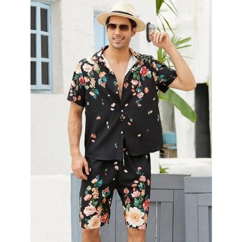 Mens Hawaiian Print Lapel Short Sleeve Shirt Set Mens Fashion Beach Print Shorts Mens Daily Beach Shirt Set Two-piece S-3XL
