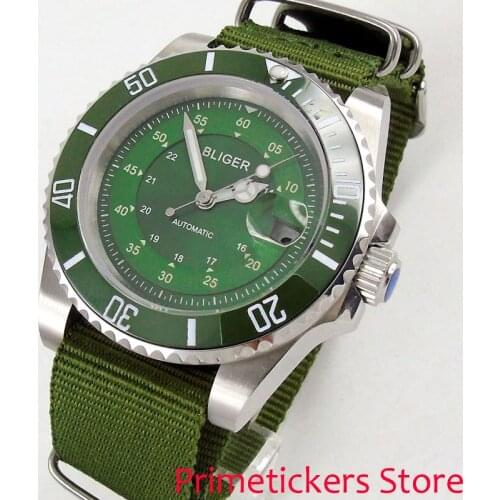 BLIGER 40mm green dial ceramic bezel sapphire glass nylon strap date automatic movement mens watch