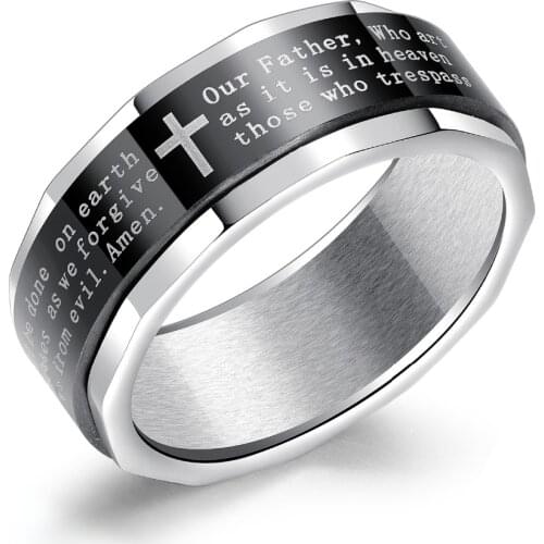 FATE LOVE Brand Stainless Steel Black Men Cross Ring Solid Polished Lords Prayer in English Fashion Jewelry US Size 7 8 9 10 11