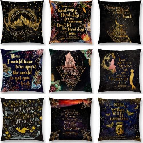 Newest Beautiful Language Black Golden Letters Cushion Cover Story Text Sofa Throw Pillowcase