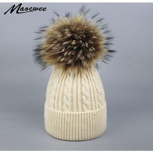 Sopamey Natural Mink PomPom Bonnet Womens Fur Pompons Hats Winter Ski Knitted Crocheted Bobble Hats Caps Balaclava Fleece Mask