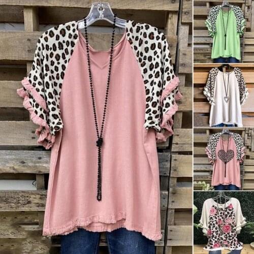 Casual Women T-shirt O Neck Printed Leopard Patchwork Short Ruffle Sleeve Blouse Top Plus Size Clothing 2021 Female Loose Tee