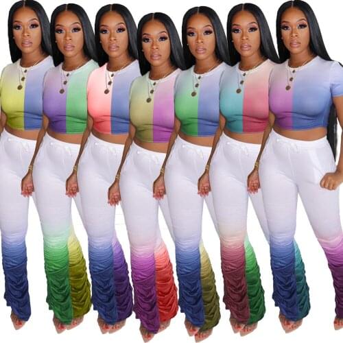 Casual Gradient Tracksuits Top+Stacked Pants Sexy Women Two Pieces Summer Outfits Top+Ruched Pants