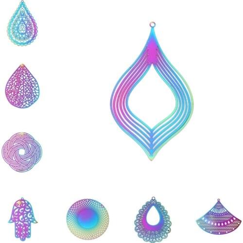 10 PCs Stainless Steel Filigree Stamping Connectors For Jewelry Making Fan-shaped Geometric Style Purple & Blue Filigree DIY