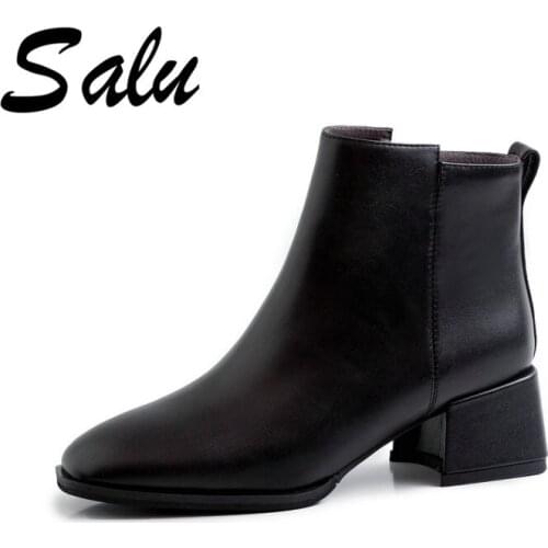 Salu Women High Heels Ankle Boots Winter Round Toe Side Zipper Short Chelsea Boots Retro Genuine Leather Party Shoes Woman