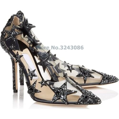 Pointed toe Bling Bling Crystal Star Thin High Heel Shoes Elegant Women Wedding Shoes Black Rhinestone Transparent PVC Pumps