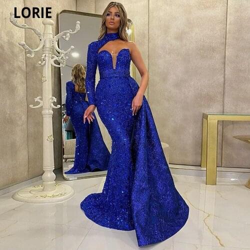 LORIE Luxury Sequined Evening Dresses Mermaid Royal Blue With Removable Train One Sleeve Formal Prom Gows Long Sleeve Party Gown