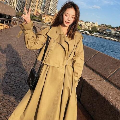 2021 Spring New Khaki Windbreaker Womens Middle Long Korean Fashion Over Knee Waist Skirt Spring Loose Coat