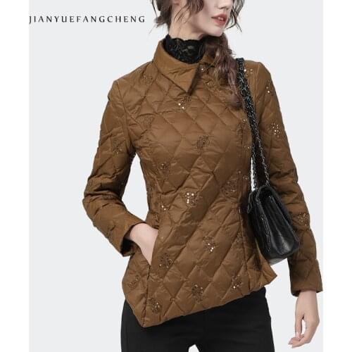 Vintage Brown Embroidery Womens Winter Down Jacket Slim Irregular Side Button Down Sequin Warm White Duck Down Puffer Coat Parka