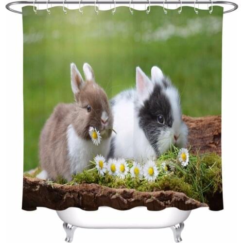 Rabbit Grass And Flower Shower Curtain Landscape Bathroom Extra Long Waterproof Washable Polyester Fabric for Kids Bathtub Decor