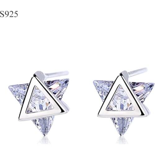 Genuine Real Pure Solid 925 Sterling Silver Stud Earrings for Women Fine Jewelry Triangle Cubic Zircon Female Earrings Bijoux