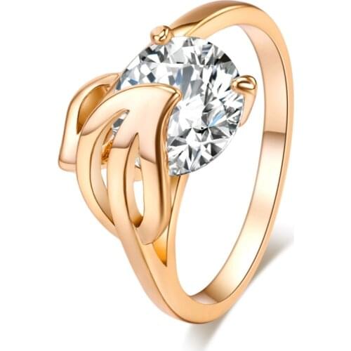 Top Quality AAA Cubic Zirconia Lovers Gold Color Wedding Ring for women cute Leaf Shape Metal Rings Stylish Jewelry Wholesale