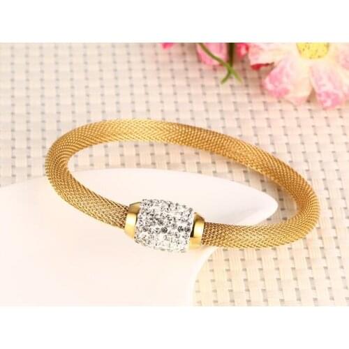 1pcs Stainless steel Shiny magnet Crystals End Bangle Bracelet Chain Gold ladies women Bling