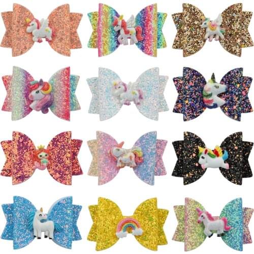 12pcs/set Girls Glitter Hair Bows Sequins Hairpins Kid Barrettes Unicorn Clips 3 Inch Bow Shinning Hairgrips Children Headwear