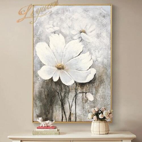 Abstract white flower oil painting poster wall modern on canvas 100% hand painted frameless