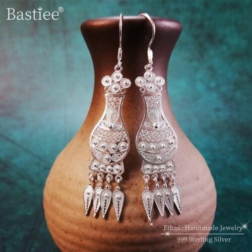 Bastiee Womens Hanging Earrings Drop Luxury Jewelry Silver 999 Hmong Handmade Chinese Vase Earring Tassel Dangle Gift For Girl