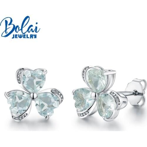 Bolaijewelry,Heart shape flower earring with natural brazil aquamarine gemstone 925 sterling silver fine jewelry for girls gift