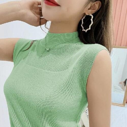 Elastic Women Spring Summer Style Knitted Blouses Shirts Lady Casual Elastic Sleeveless Turtleneck Blusas Tops DD8142