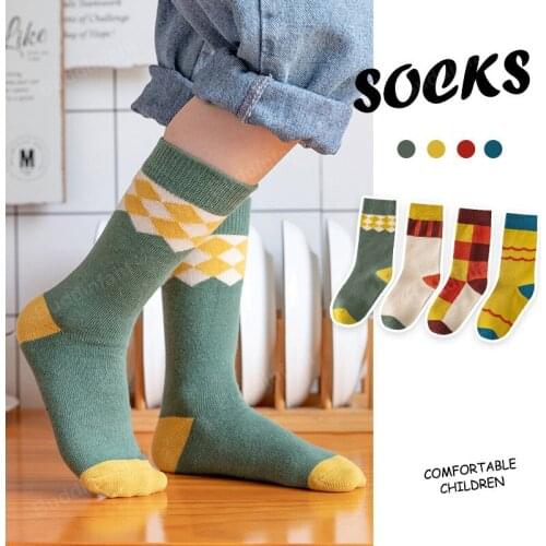 Cotton Socks Children Boy School Socks Girls High Striped Plaid Rainbow Kids Socks Sets 2/4 Pairs Warm Spring Autumn 5/9/11 year