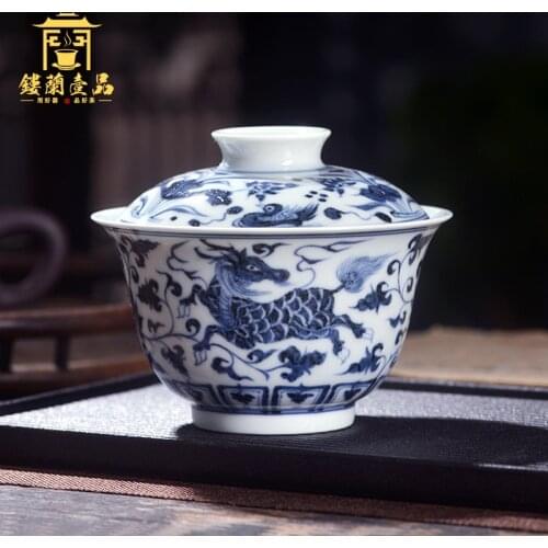 Ceramic hand-painted maintain all blue auspicious pattern only two to three tureen large domestic cups tea bowls
