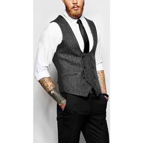 Brown Tweed Waistcoat Mens Slim Business Brown Wool Herringbone U-neck Suit Vests Custom Made Sleeveless Suit Jacket For Wedding