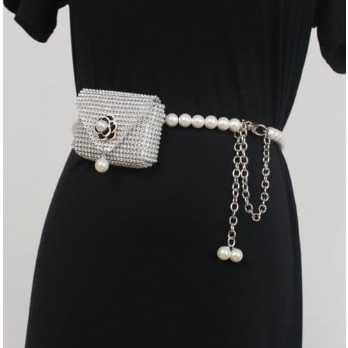 Mini PVC Rhinestone Waist Packs Women Full Rhinestone Waist Bag Adjustable Pearl Chain Waist Belt Coin Money Fanny Packs Women
