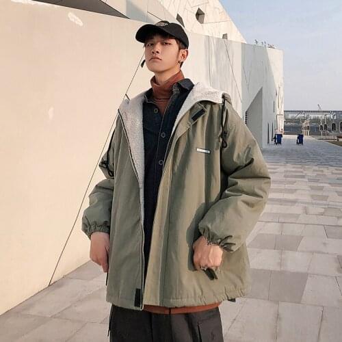 2021 autumn and winter print lamb wool cotton jacket trendy mens Korean fashion printed double-sided hooded cotton jacket