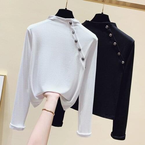 Half Turtleneck Spring Autumn Tops Tshirt Women Korean Style Slim Button T-Shirt Womens Clothes Tee Shirt Femme White Black