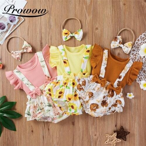 Prowow Girl Baby Clothes Summer Toddlers Solid Top + Floral Pant Set Cotton Newborns Costume Flying Sleeve Baby Shirts 2021 New