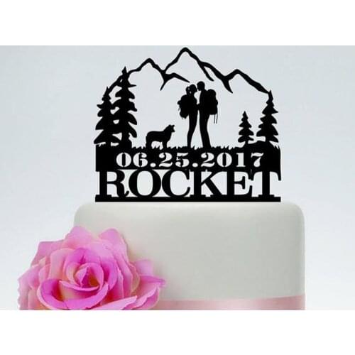 Custom Hiking Couple Theme Wedding Cake Topper,Backpack Bride and Groom with dog,Outdoor Mountain Wedding Cake Topper with tree